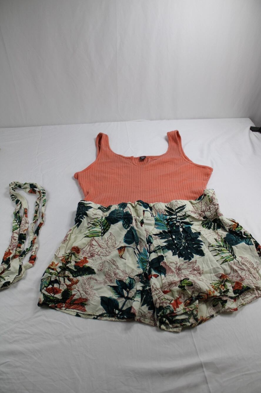 SHEIN Curve Womens 2XL Coral Tropical Floral Romper Skort Ribbed Belted